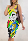 Rose Red Sexy Graffiti Print Cartoon Contrast U Neck Printed Dresses