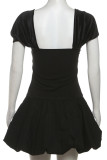 Black Sexy Solid Color Hollow Out Patchwork Asymmetrical Collar A Line Dresses