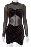 Brown Casual Solid Color Patchwork See-Through Ruched O Neck Wrapped Skirt Dresses