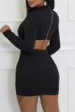 White Casual Solid Color Hollow Out Zipper Rhinestone Decor O Neck Wrapped Skirt Dresses