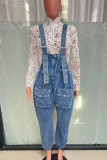 Blue Casual Solid Color Pocket Patchwork Loose Denim Jumpsuits
