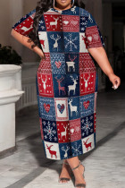 Red Blue Casual Print Patchwork O Neck Long Plus Size Dresses