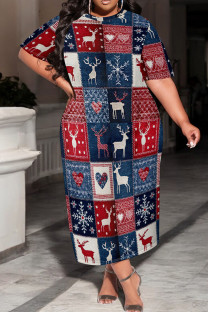 Red Blue Casual Print Patchwork O Neck Long Plus Size Dresses