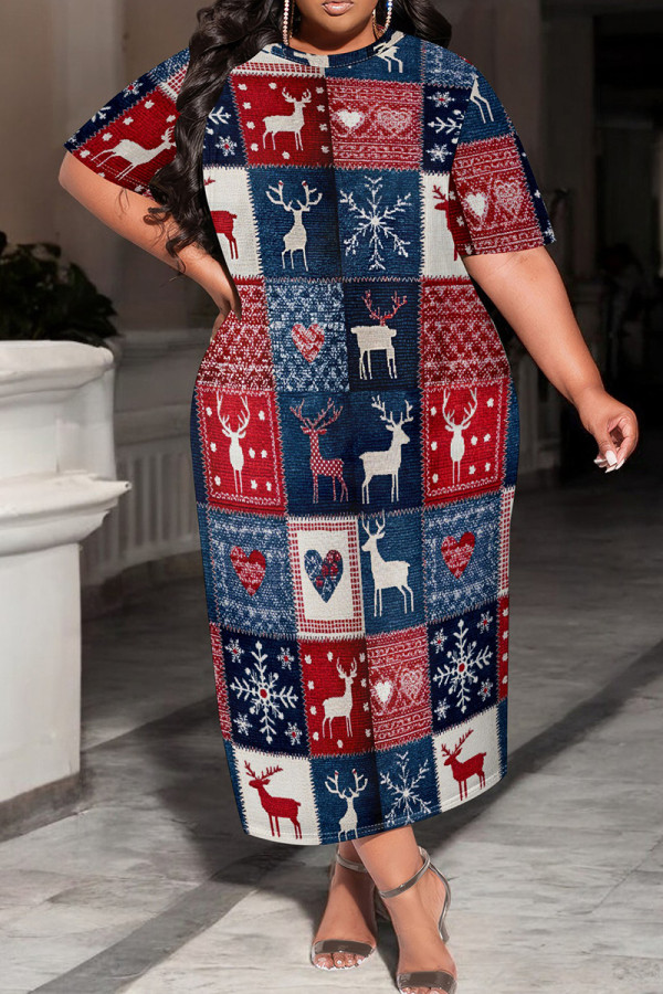 Red Blue Casual Print Patchwork O Neck Long Plus Size Dresses