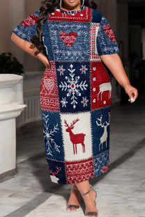 Blue Red Casual Print Patchwork O Neck Long Plus Size Dresses