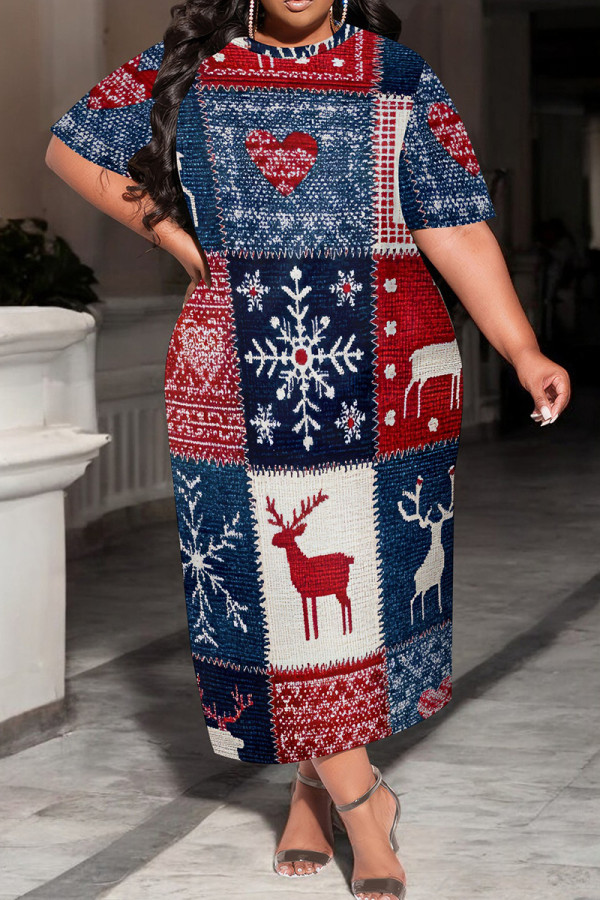 Blue Red Casual Print Patchwork O Neck Long Plus Size Dresses