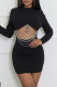 Black Casual Solid Color Hollow Out Zipper Rhinestone Decor O Neck Wrapped Skirt Dresses