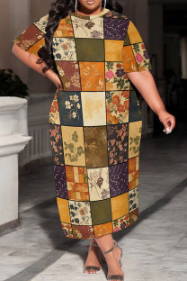 Orange Casual Print Patchwork O Neck Long Plus Size Dresses