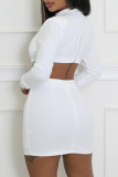 White Casual Solid Color Hollow Out Zipper Rhinestone Decor O Neck Wrapped Skirt Dresses