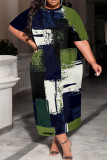 Sky Blue Casual Print Patchwork O Neck Long Plus Size Dresses