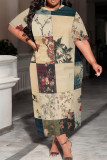 Sky Blue Casual Print Patchwork O Neck Long Plus Size Dresses