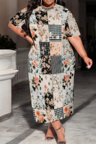 Sky Blue Casual Print Patchwork O Neck Long Plus Size Dresses