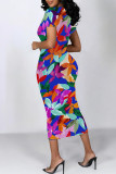 Red Elegant Floral Print Gradient Contrast O Neck Printed Short Sleeve Dress