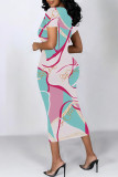 Red Elegant Floral Print Gradient Contrast O Neck Printed Short Sleeve Dress