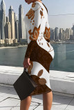 White Elegant Floral Print Contrast O Neck Printed Dresses