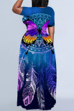 Blue Casual National Totem Floral Print Pocket Contrast O Neck Printed Plus Size Dresses