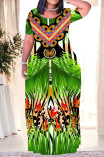 Green Casual National Totem Floral Print Pocket Contrast O Neck Printed Plus Size Dresses