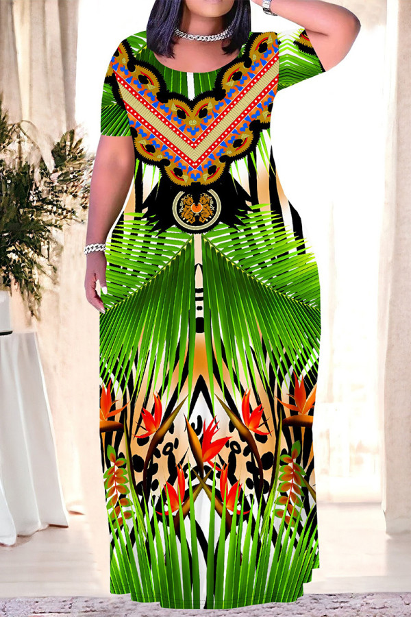 Green Casual National Totem Floral Print Pocket Contrast O Neck Printed Plus Size Dresses