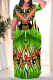 Green Casual National Totem Floral Print Pocket Contrast O Neck Printed Plus Size Dresses