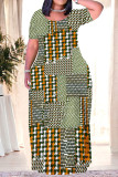 Gradient Color Casual Plaid Flowers Ombre Print Pocket Contrast O Neck Printed Plus Size Dresses