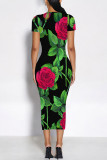 Fuchsia Elegant Floral Print Flowers Contrast O Neck Printed Short Sleeve Dress
