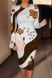 White Elegant Floral Print Contrast O Neck Printed Dresses