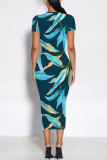 Red Elegant Floral Print Gradient Contrast O Neck Printed Short Sleeve Dress