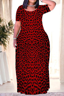 Burgundy Casual Leopard Print Tiger Stripes Pocket Contrast O Neck Printed Plus Size Dresses