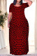 Burgundy Casual Leopard Print Tiger Stripes Pocket Contrast O Neck Printed Plus Size Dresses