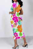 Fuchsia Elegant Floral Print Flowers Contrast O Neck Printed Short Sleeve Dress