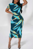 Red Elegant Floral Print Gradient Contrast O Neck Printed Short Sleeve Dress