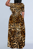 Yellow Casual Leopard Print Tiger Stripes Pocket Contrast O Neck Printed Plus Size Dresses