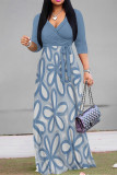 Baby Blue Elegant Floral Print Pocket With Belt Contrast V Neck Printed Dresses