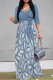 Baby Blue Elegant Floral Print Pocket With Belt Contrast V Neck Printed Dresses