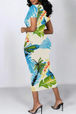 Fuchsia Elegant Floral Print Flowers Contrast O Neck Printed Short Sleeve Dress