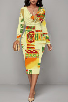 Yellow Casual Floral Print Ruched Contrast V Neck Printed Dresses