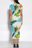 Fuchsia Elegant Floral Print Flowers Contrast O Neck Printed Short Sleeve Dress