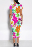 Fuchsia Elegant Floral Print Flowers Contrast O Neck Printed Short Sleeve Dress
