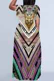 Blue Casual National Totem Floral Print Pocket Contrast O Neck Printed Plus Size Dresses