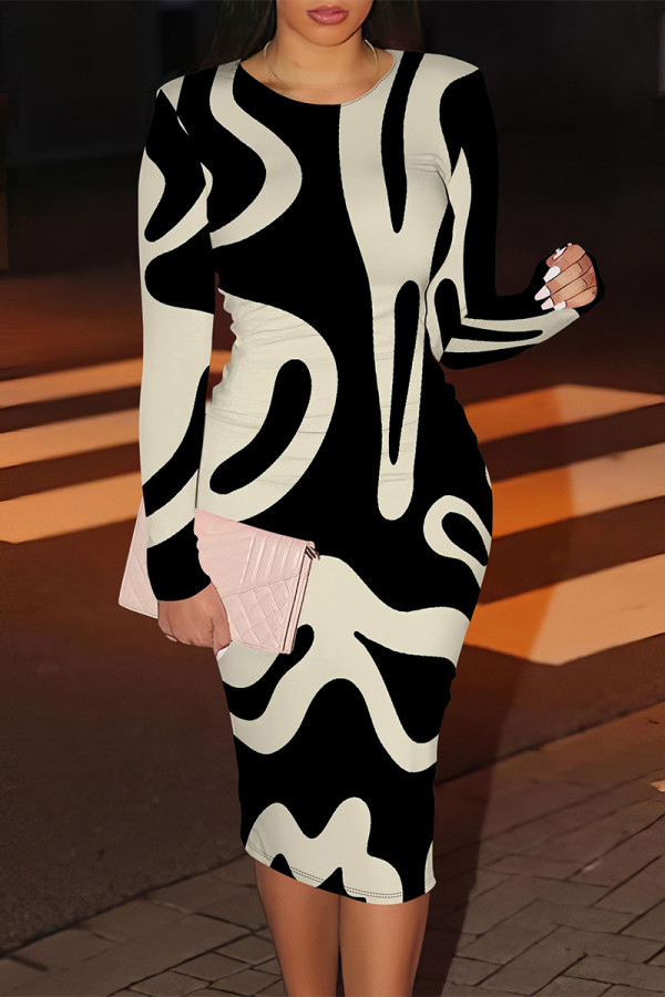 Cream White Elegant Floral Print Contrast O Neck Printed Dresses