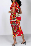 Red Elegant Floral Print Gradient Contrast O Neck Printed Short Sleeve Dress