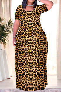 Tawny Casual Leopard Print Tiger Stripes Pocket Contrast O Neck Printed Plus Size Dresses