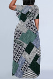 Gradient Color Casual Plaid Flowers Ombre Print Pocket Contrast O Neck Printed Plus Size Dresses