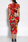 Red Elegant Floral Print Gradient Contrast O Neck Printed Short Sleeve Dress