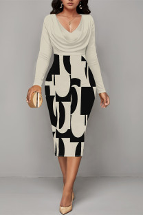 Light Beige Gray Casual Floral Print Ruched Contrast V Neck Printed Dresses