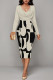 Light Beige Gray Casual Floral Print Ruched Contrast V Neck Printed Dresses