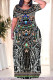 Black Casual National Totem Floral Print Pocket Contrast O Neck Printed Plus Size Dresses