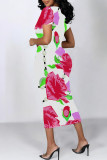 Fuchsia Elegant Floral Print Flowers Contrast O Neck Printed Short Sleeve Dress