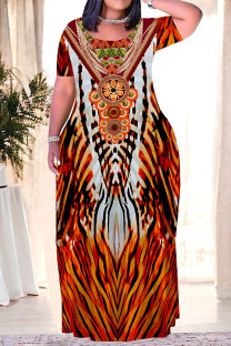 Red-brown Casual National Totem Floral Print Pocket Contrast O Neck Printed Plus Size Dresses