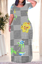 Yellow Casual Plaid Flowers Ombre Print Pocket Contrast O Neck Printed Plus Size Dresses